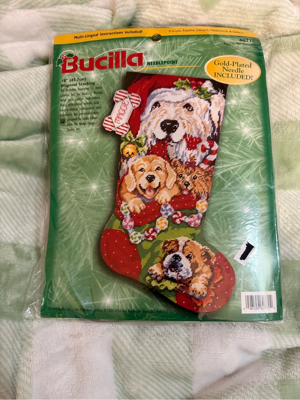 New Bucilla 18” Diagonal Dog Christmas Needlepoint Stocking Kit # 60770 Yr. 1999